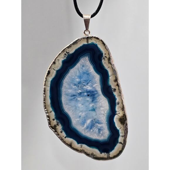 Blue Agate Slice Pendant Necklace | Natural Stone | Adjustable Cord - Picture 2 of 16